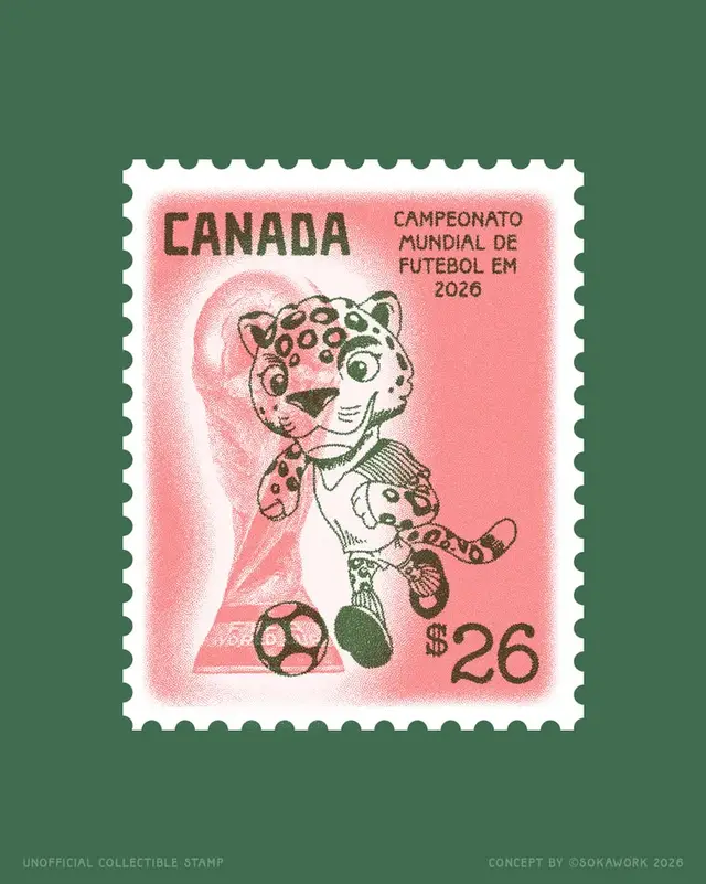 Unofficial Canada 2026 World Cup collectible stamp concept (pink halftone)