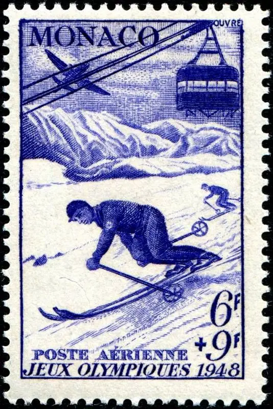 Monaco airmail stamp (1948) — Winter Olympic skiers