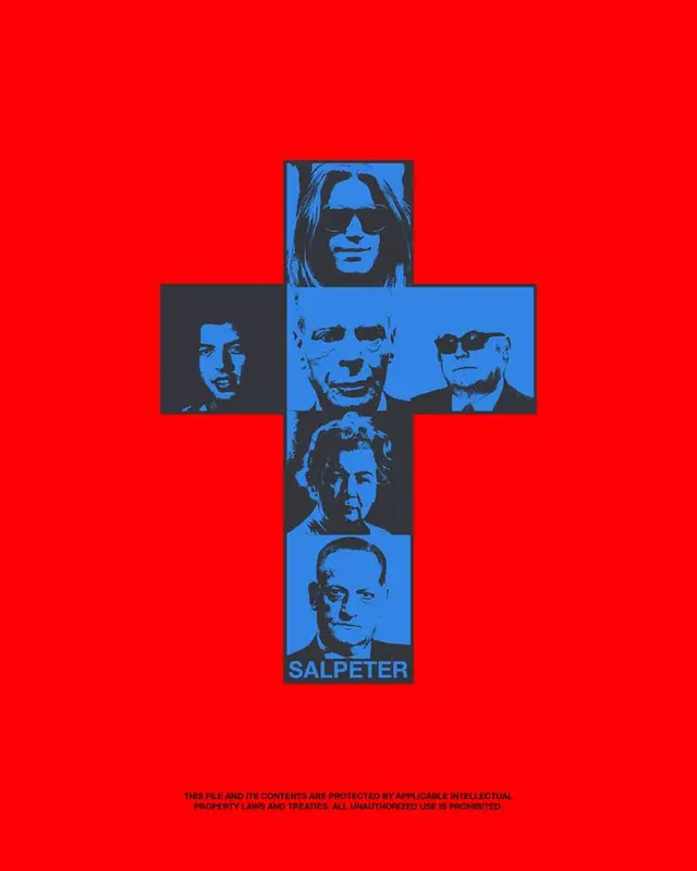 Red poster with blue duotone portrait cross and 'SALPETER' text