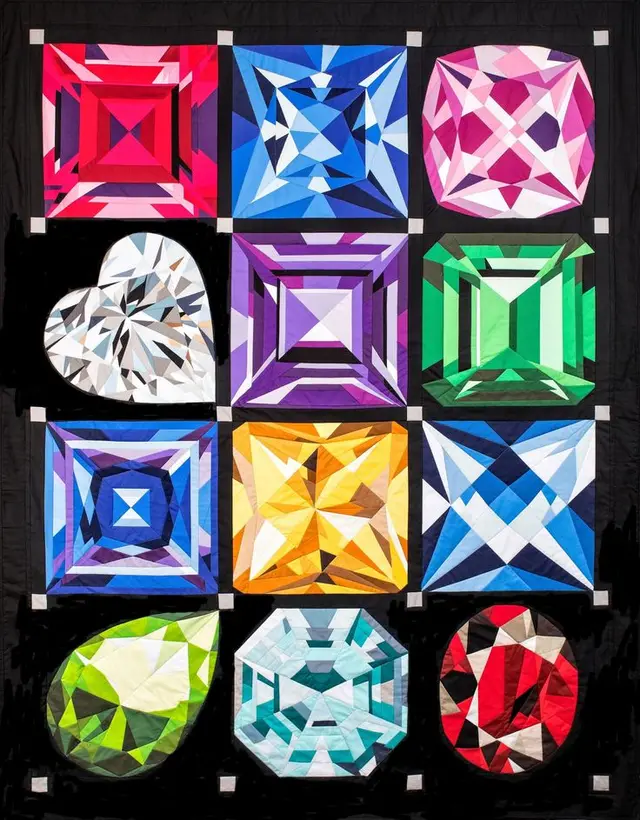 Gemstone Quilt — 12 Faceted Jewel Blocks on Black Background