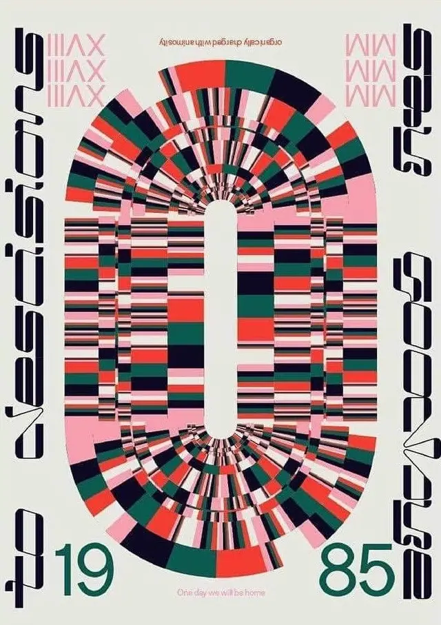 Retro geometric poster with segmented concentric oval (1985)