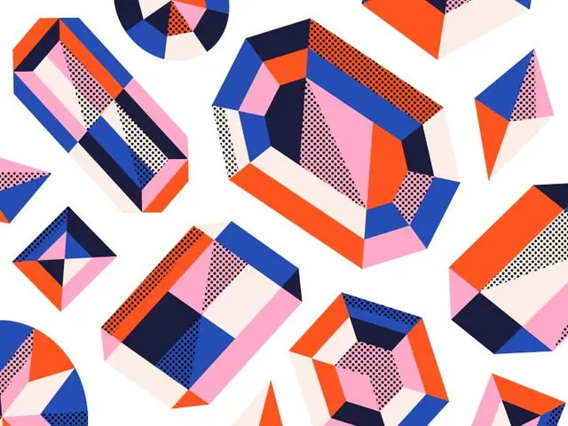 Pop‑Art Faceted Gemstone Pattern — Blue, Orange & Pink Halftone Vector