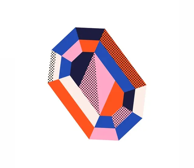 Geometric Faceted Gem Illustration — Blue, Pink & Orange Polygons with Halftone