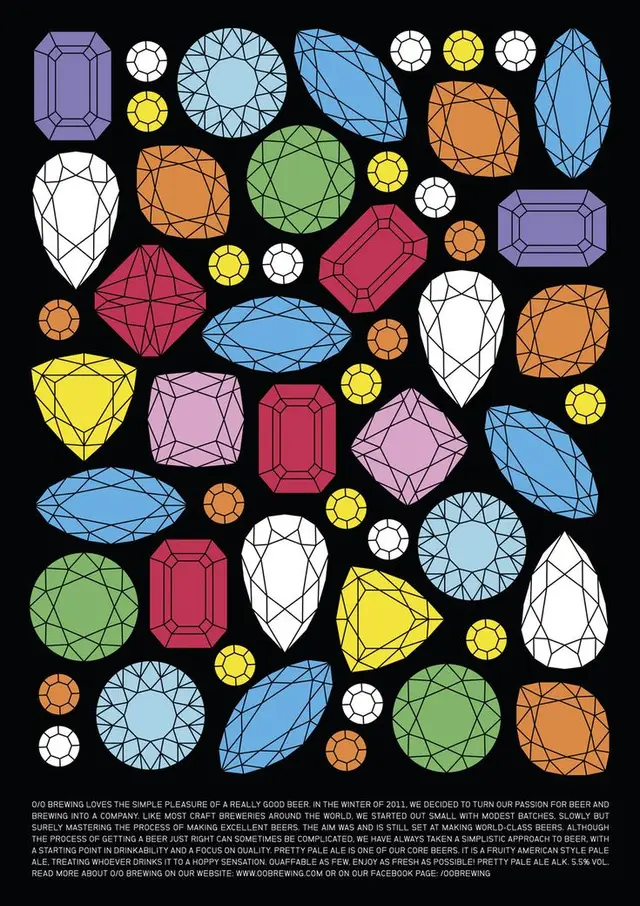 Colorful gemstone pattern poster with outlined jewel illustrations on black background