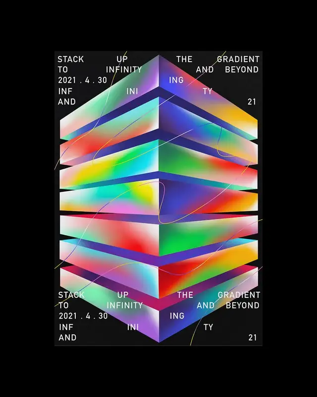Isometric stacked rainbow-gradient slabs poster with white uppercase typography