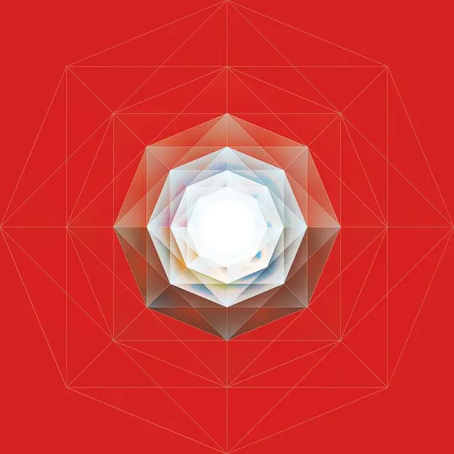 Layered translucent octagon on red wireframe grid