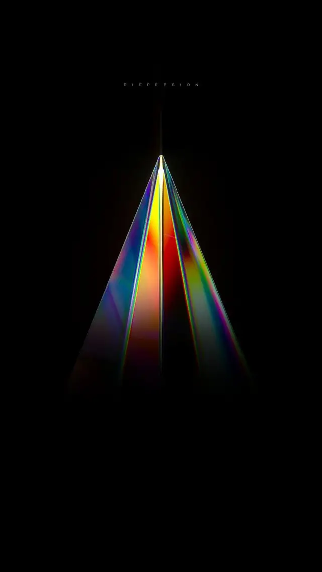 Iridescent glass prism pyramid on black background — "Dispersion"