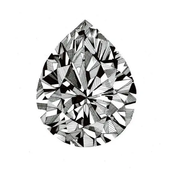Pen-and-ink pear-shaped faceted diamond illustration