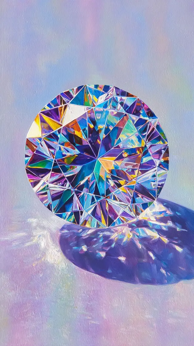 Round brilliant-cut diamond illustration on iridescent pastel canvas