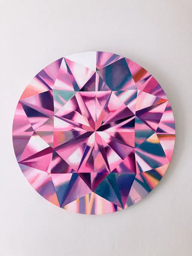 Round Faceted Pink Gem Painting on Circular Canvas