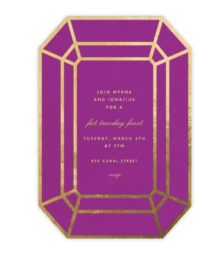 Purple jeweled die-cut invitation with gold foil border