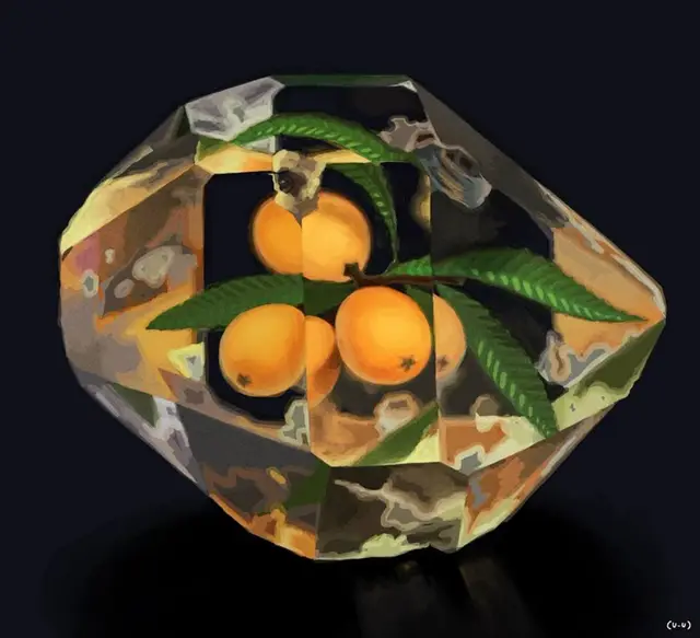 Faceted Crystal Prism Containing Apricots and Serrated Leaves — Digital Still Life