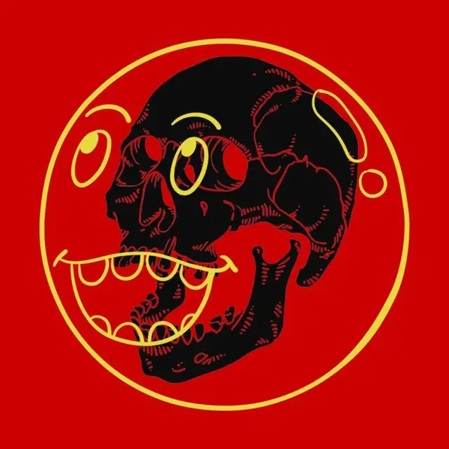 Black anatomical skull with neon-yellow cartoon smile inside yellow circle on red field