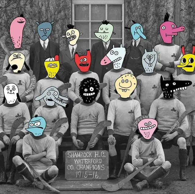 1915 Shamrock H.C. team photo with colorful cartoon face overlays