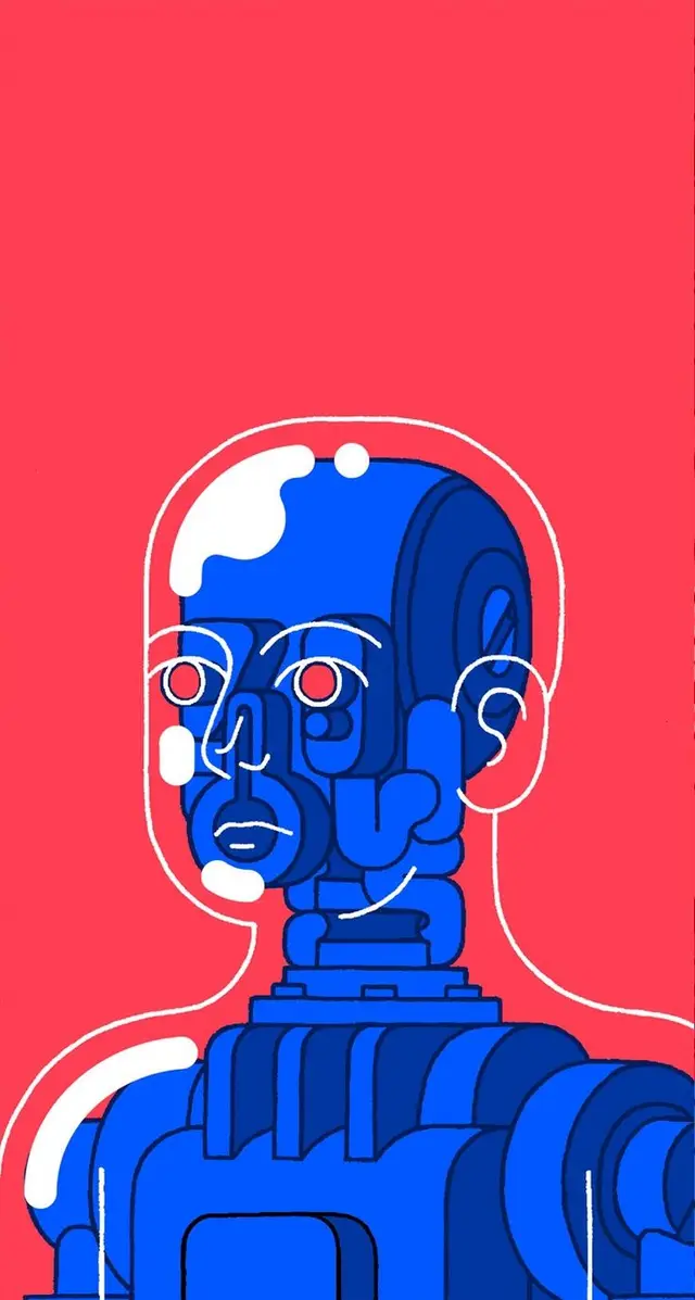 Cobalt-blue geometric robot bust on coral background