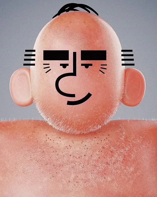 3D textured bald character with bold black geometric face overlay