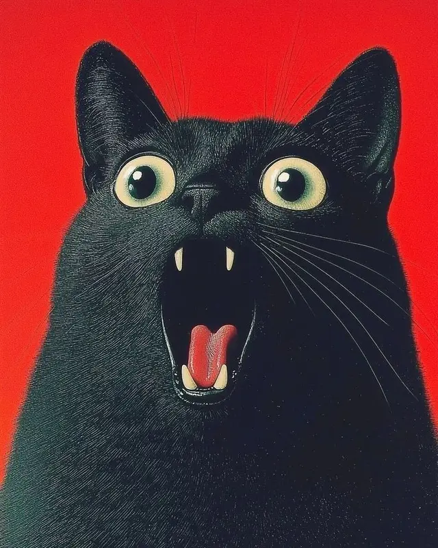 Graphic Poster of Screaming Black Cat on Red Background