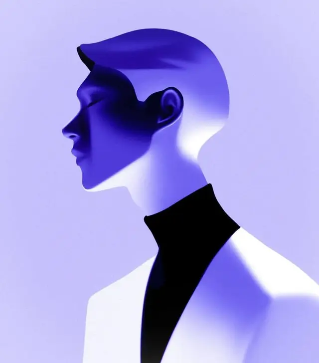Violet gradient profile portrait with black turtleneck