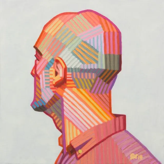 Striped Geometric Profile Portrait — Coral & Pink Palette