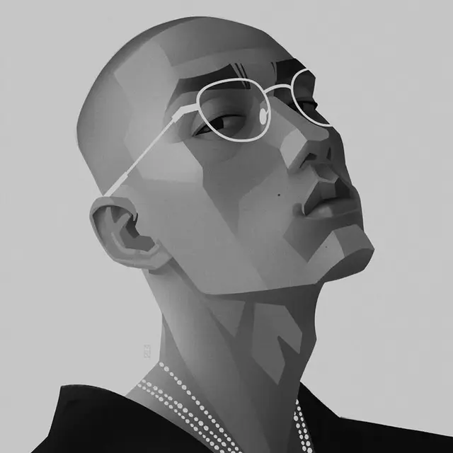 Faceted Grayscale Portrait with Round Glasses and Beaded Necklace