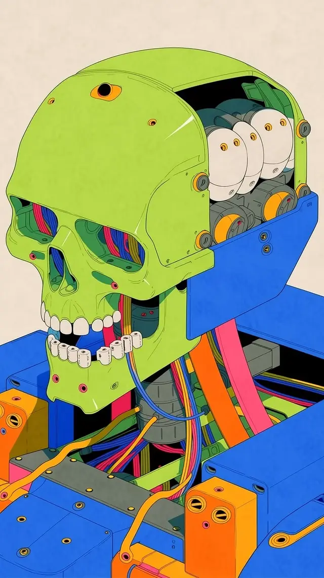 Neon Mechanical Skull with Exposed Ribbon Cables — Digital Illustration