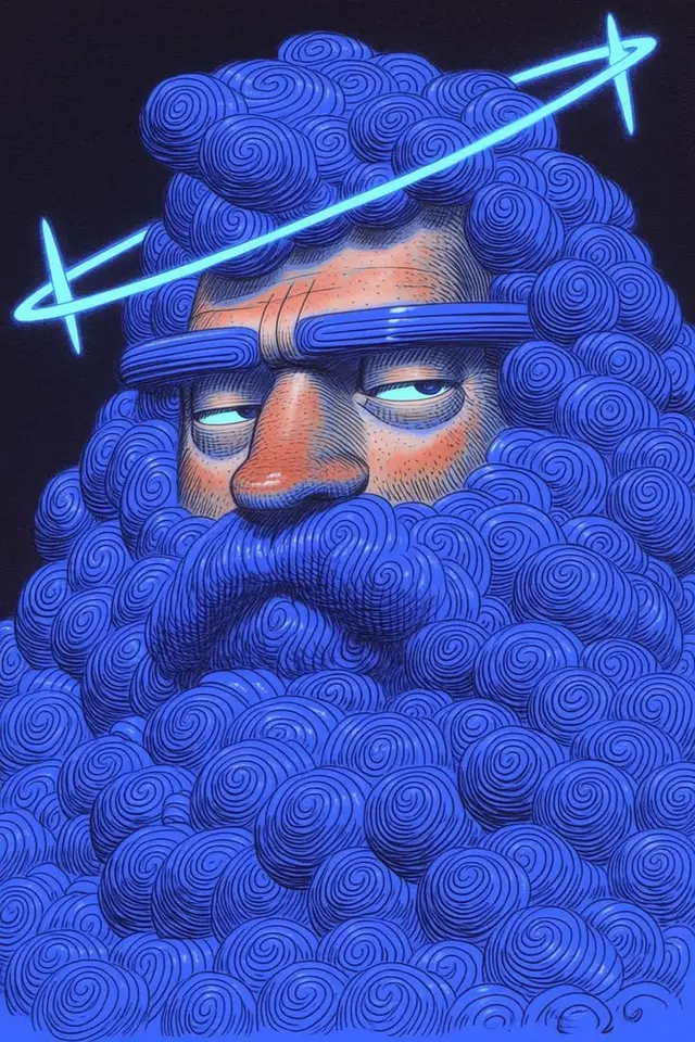 Neon‑halo blue bearded portrait — spiral curl illustration