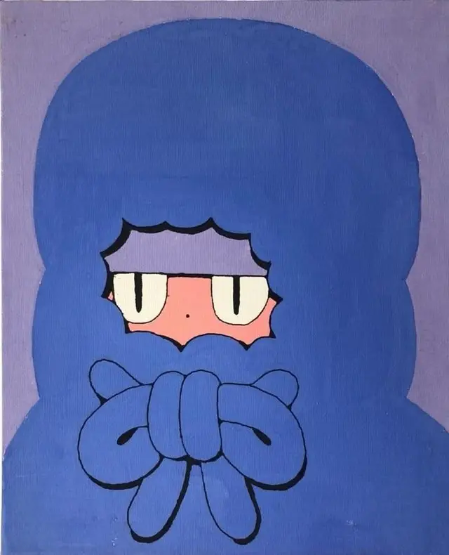 Blue Hooded Character with Bow-Knot Hands — Flat-Color Canvas Illustration