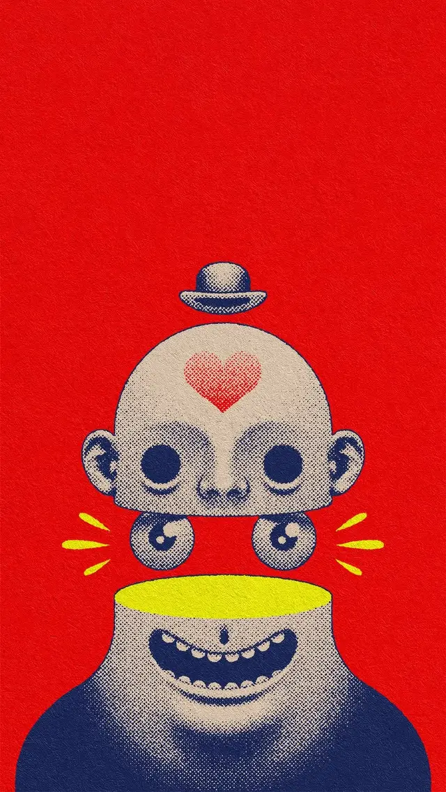 Surreal pop-art poster: floating baby head with bowler hat and open smiling torso