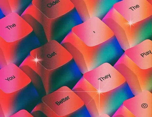Vaporwave keycap grid with short words