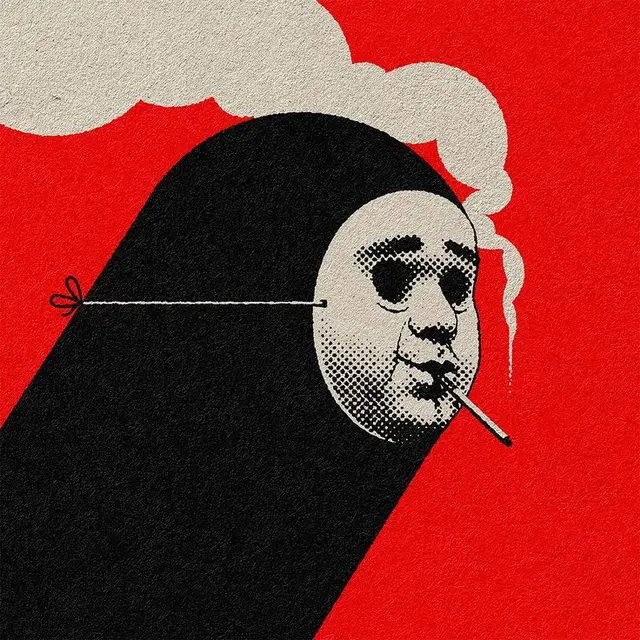 Halftone portrait smoking inside nun's habit — red propaganda-style print