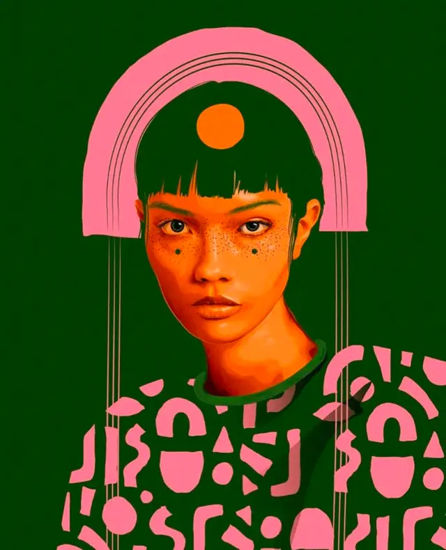 Pink-Arch Portrait — Green & Orange Graphic Illustration