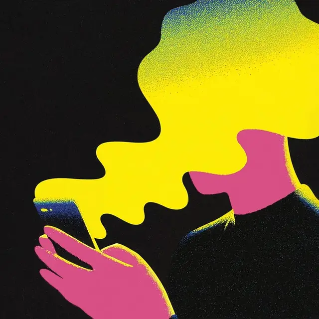 Magenta Silhouette with Yellow Plume from Smartphone — Halftone Poster