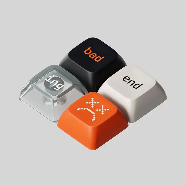 Novelty mechanical keycap set — 'ing', 'bad', 'end' with pixel frown