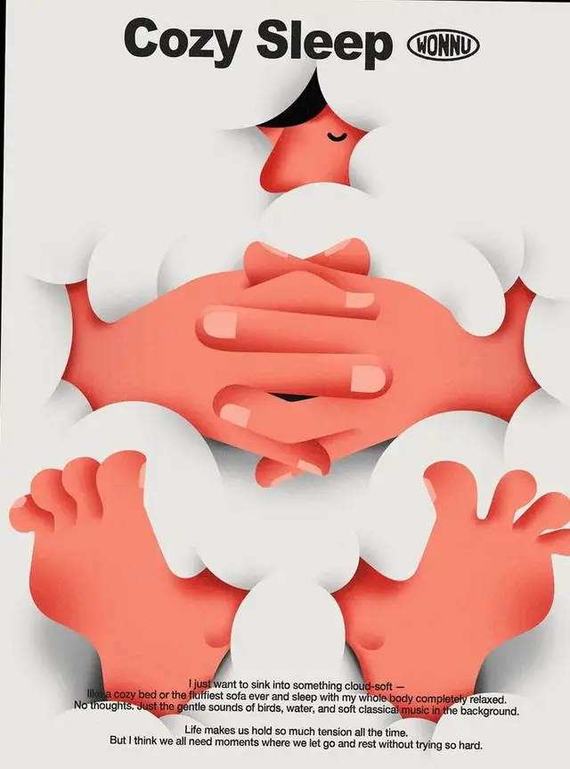 Cozy Sleep — paper-cut poster with coral hands, cloud cutouts (WONNU)
