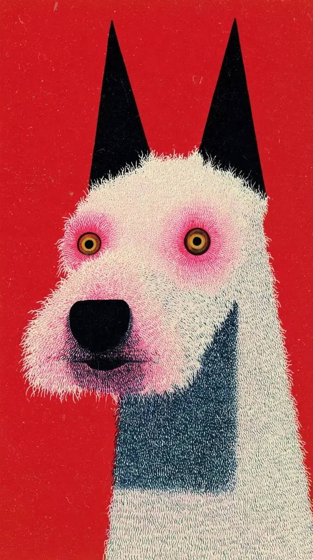 Pop‑Surreal Dog Portrait on Red Background