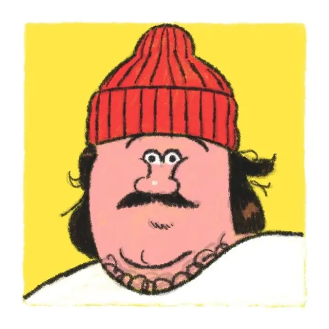Cartoon portrait of man wearing red ribbed beanie on yellow background