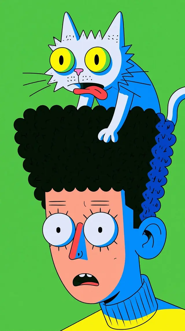 Pop-art cartoon: startled blue character with white cat on afro