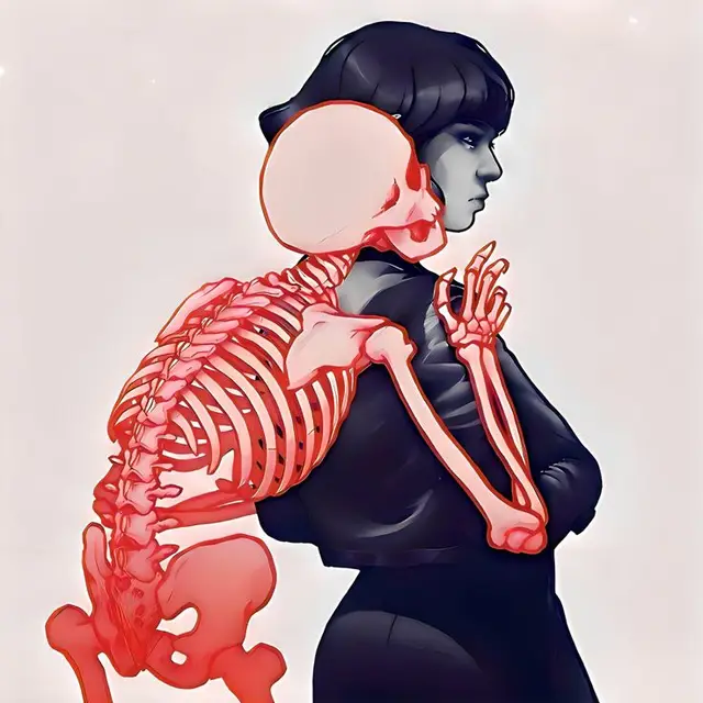 Digital illustration of a figure with a translucent red skeleton draped over the back