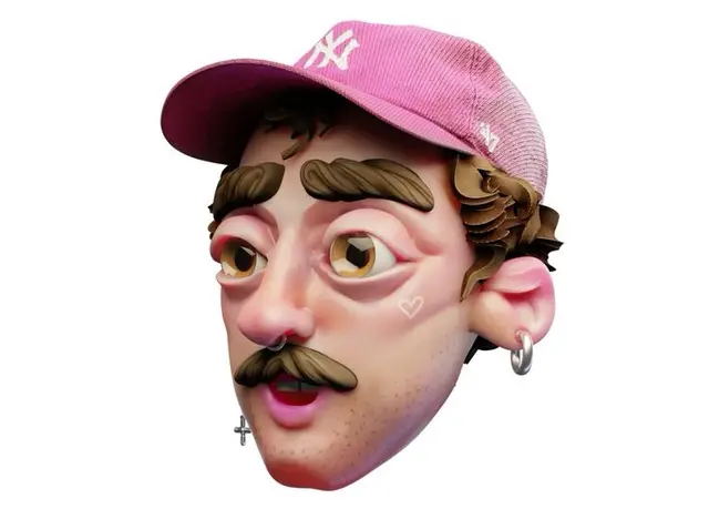 Stylized 3D head with pink NY baseball cap