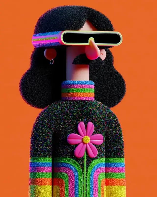 Flocked 3D Figurine in Rainbow Striped Turtleneck with Pink Daisy