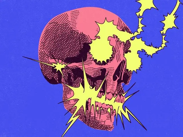 Pink Halftone Skull with Yellow Comic-Style Explosions