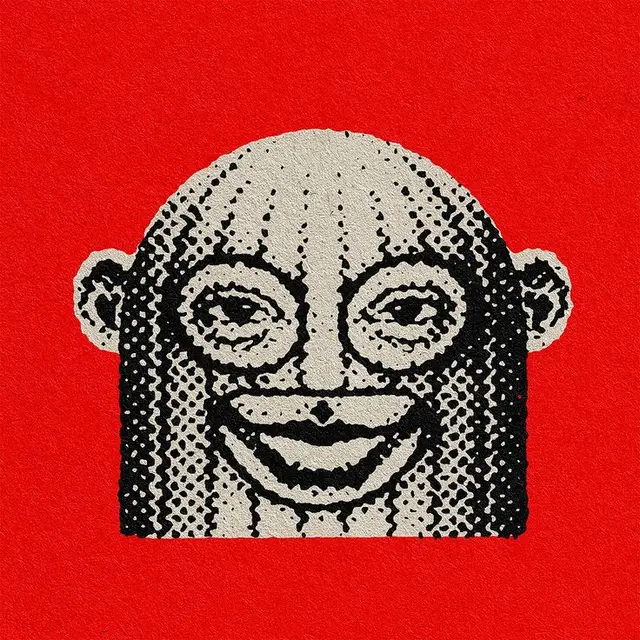 Black halftone smiling head screenprint on red textured paper