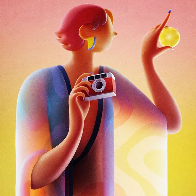 Stylized portrait holding red vintage camera and glowing yellow orb