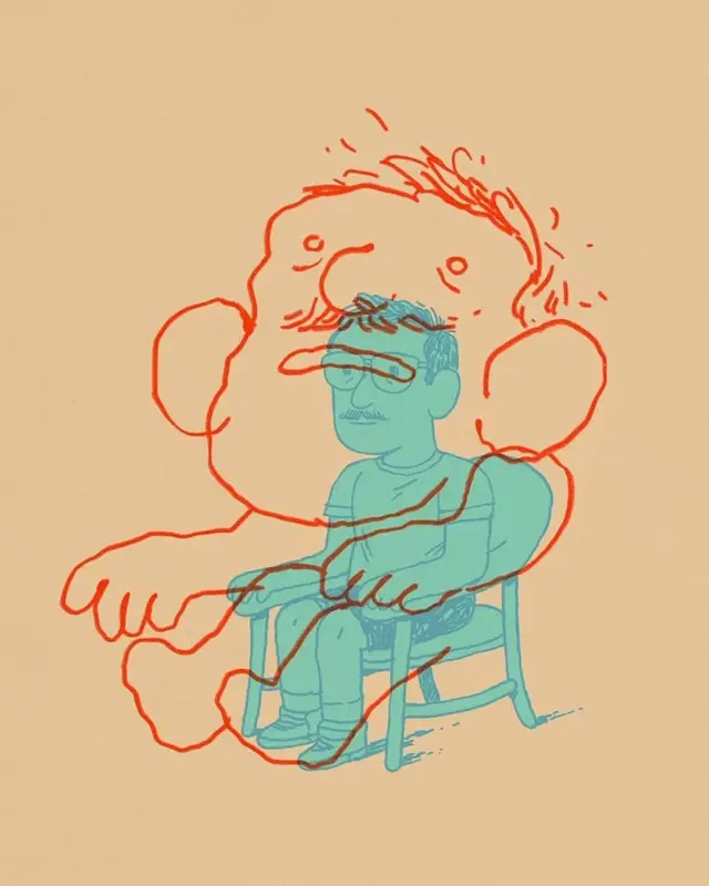Layered line drawing: seated man overlain by oversized cartoon head