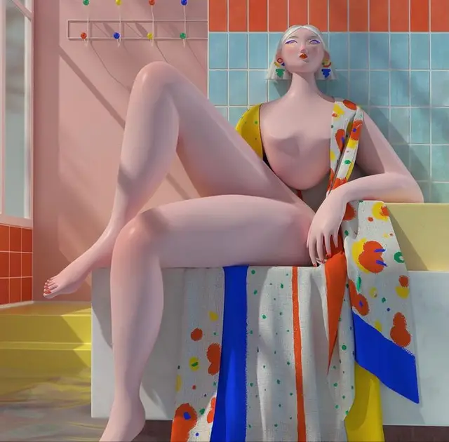 Woman Reclining on Bath Ledge — Colorful Tiled Illustration