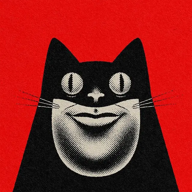 Retro halftone black cat poster on red textured paper