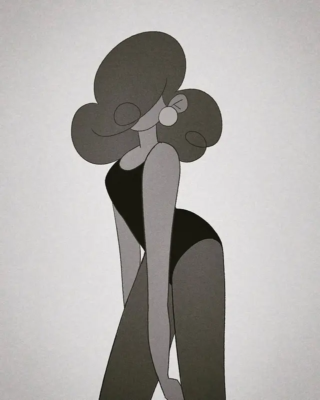 Monochrome retro illustration — woman in black one-piece swimsuit