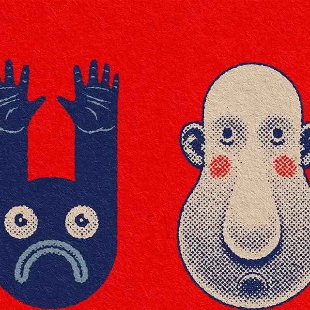 Two Stylized Cartoon Faces — Red Screenprint Poster