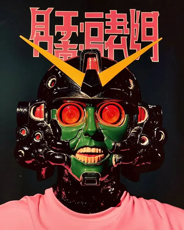 Glossy mecha helmet portrait with yellow V-antenna and green face mask