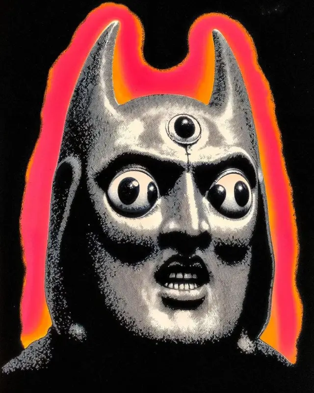Horned Three‑Eyed Mask with Neon Halo — Retro Sci‑Fi Illustration